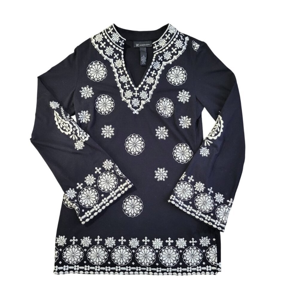 INC International Concepts Black Embroidered Tunic Size S